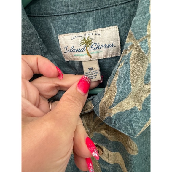 Island Shores XXL Teal Blue Floral Palm Tree Print Button Up Hawaiian Shirt - Picture 2 of 10